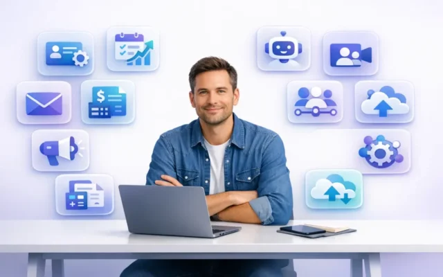 SaaS tools for small business displayed on a laptop dashboard