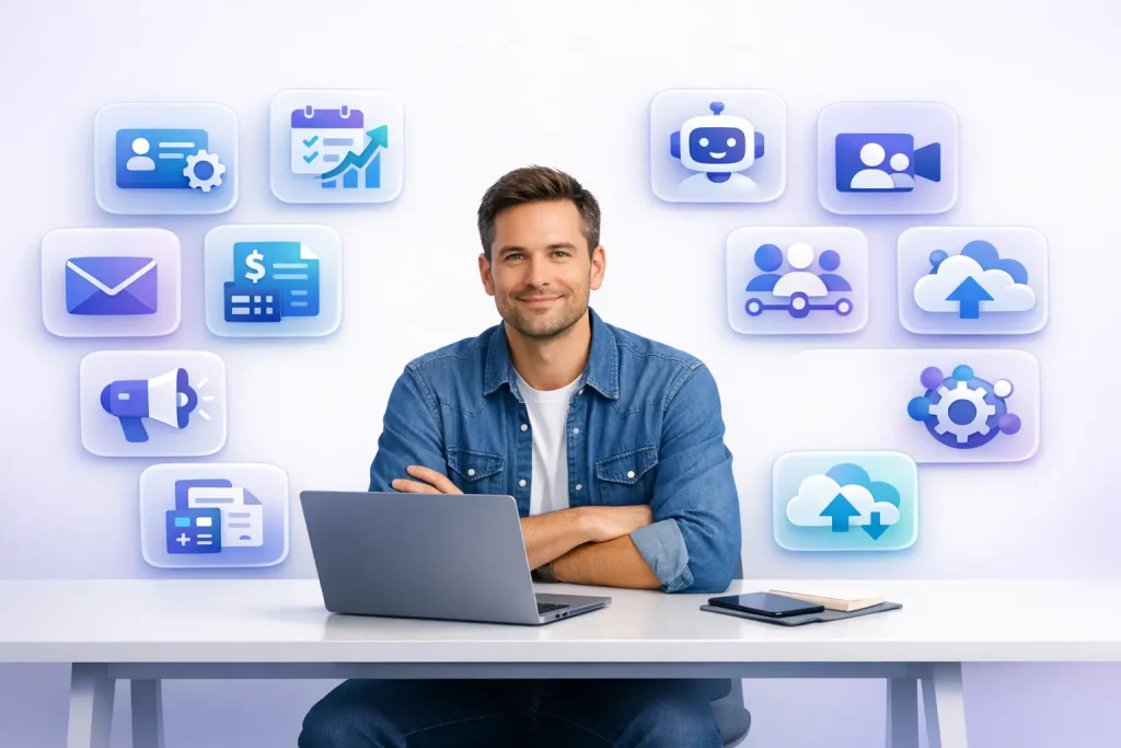 SaaS tools for small business displayed on a laptop dashboard