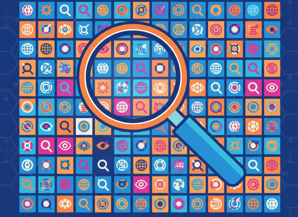 Clean editorial illustration of a magnifying glass over a grid of many colorful search icons and globe symbols, representing many search engines worldwide, blue and orange palette, modern flat tech-news style, wide 16:9, no text, no logos, no real brand names, no people