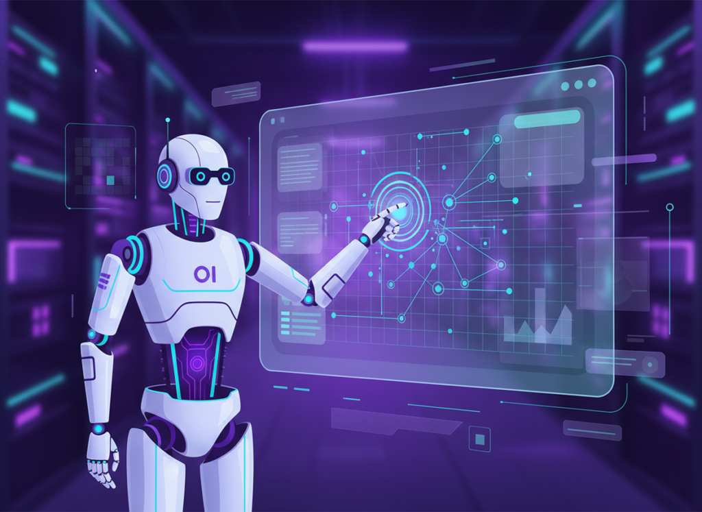 Clean editorial illustration of an AI agent robot assistant analyzing a glowing backlink network graph on a dashboard, purple and teal palette, modern flat tech-news style, wide 16:9, no text, no logos, no real brand names, no people