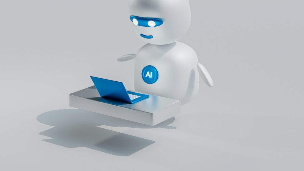 AI robot with laptop representing GPT-6 Sol vs Luna in ChatGPT
