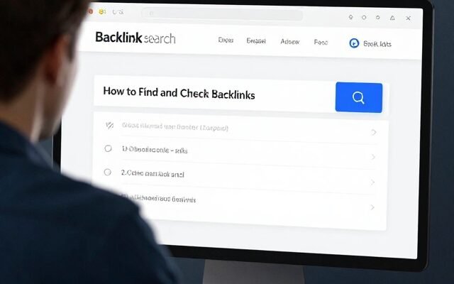 Backlink search report on a laptop screen showing websites linking to a page