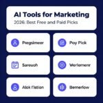 AI tools for marketing 2026 shown on a laptop with content, design and analytics dashboards