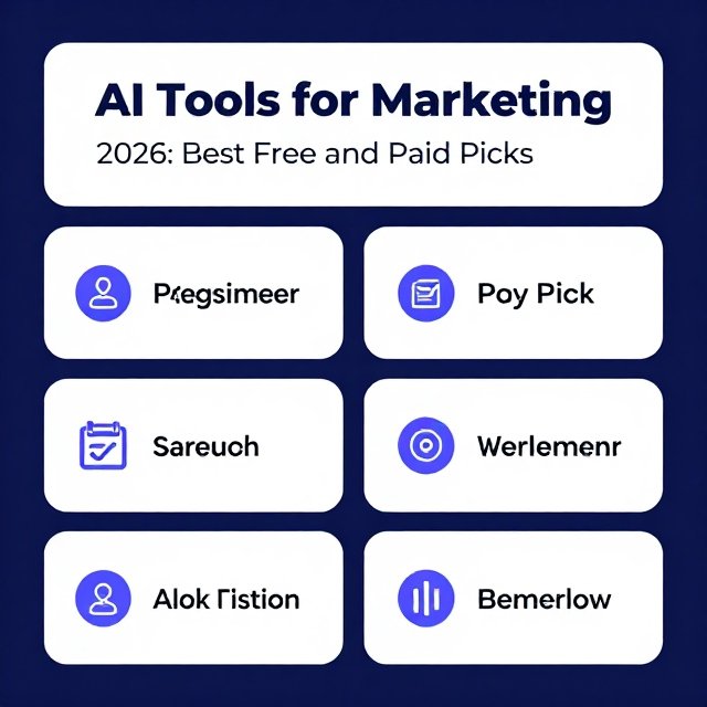 AI tools for marketing 2026 shown on a laptop with content, design and analytics dashboards
