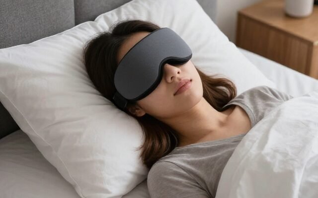 Gadgets for sleeping including a sleep mask, white noise machine and sunrise alarm clock on a bedside table
