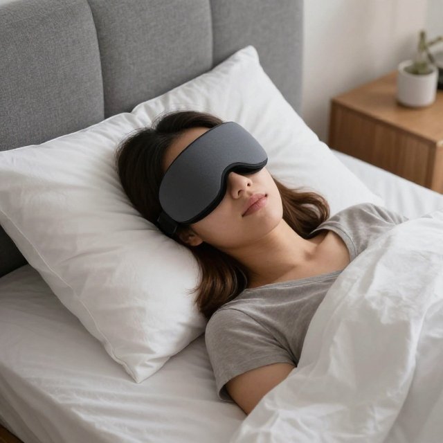 Gadgets for sleeping including a sleep mask, white noise machine and sunrise alarm clock on a bedside table
