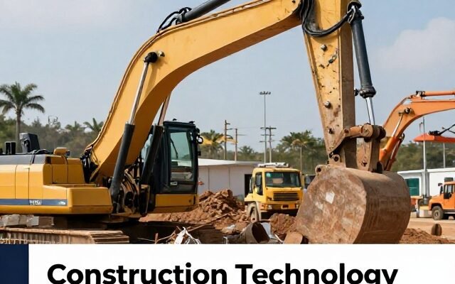 Construction technology news today: engineers using tablets and a drone on a modern building site