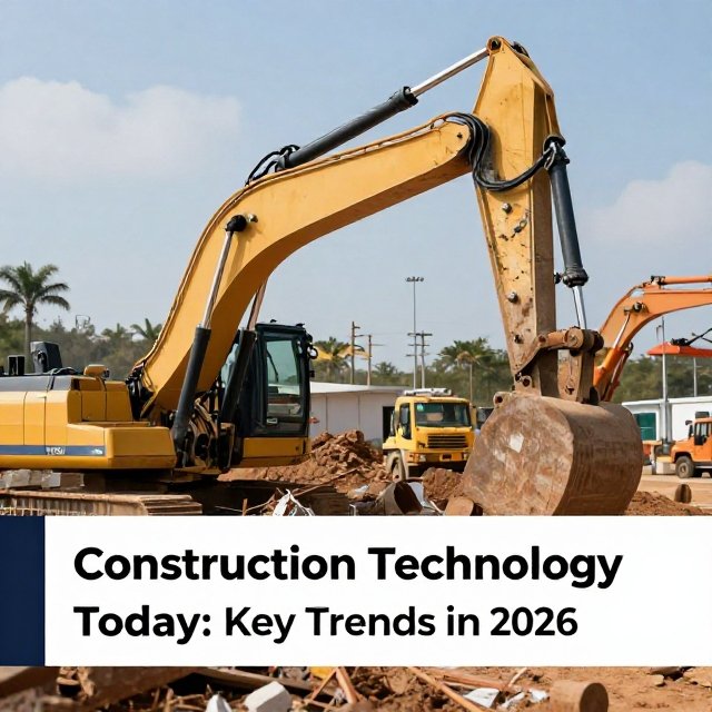 Construction technology news today: engineers using tablets and a drone on a modern building site