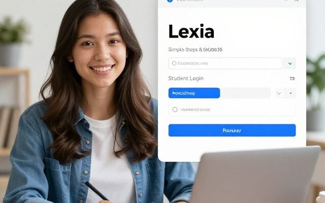 Lexia student login steps on a computer: open the browser, choose school, enter username and password