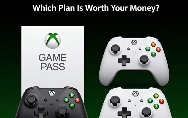 Xbox Game Pass plans shown on a laptop screen with a game controller